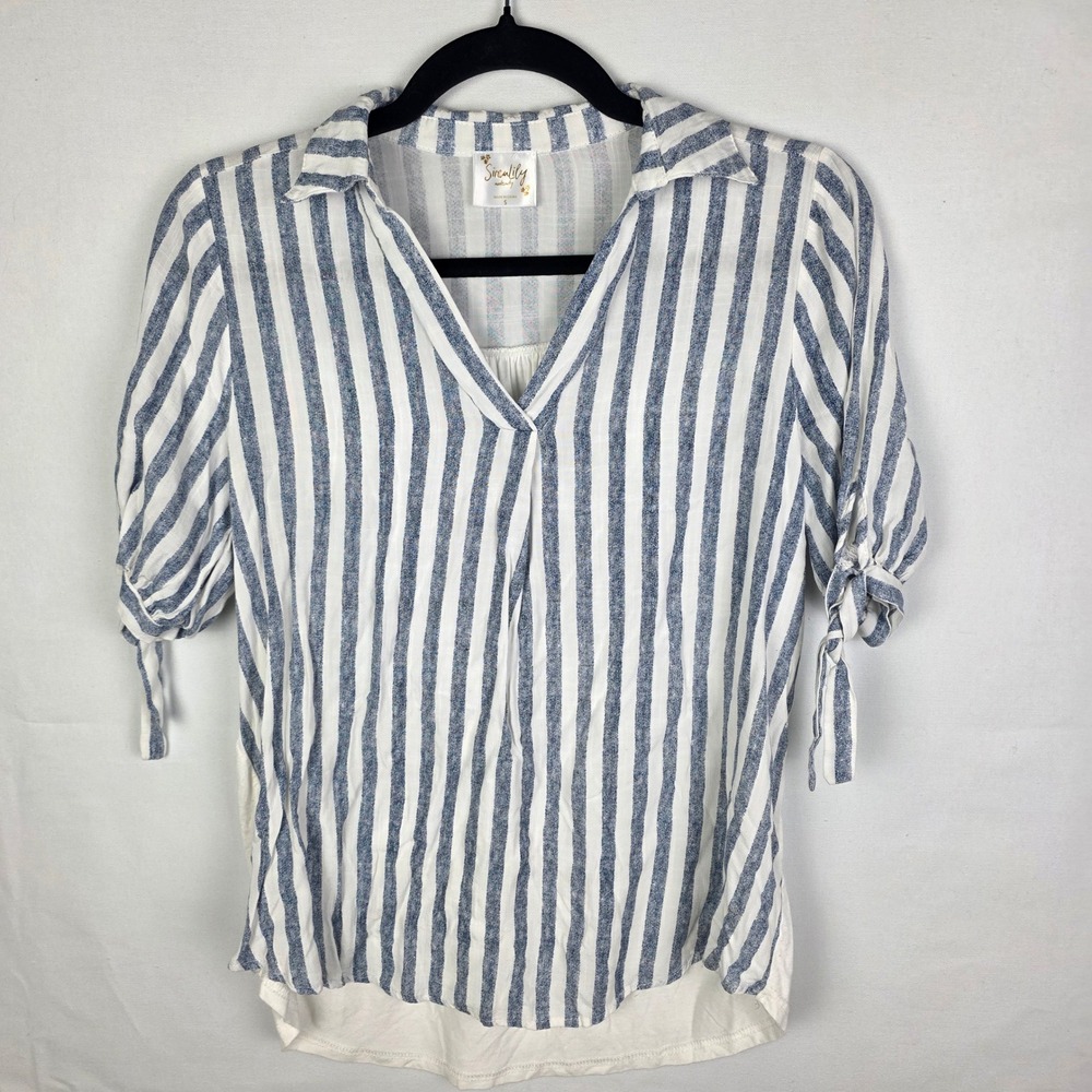 Sirenlily Maternity Blue White Striped V-Neck Tie‎ Sleeve Blouse Top Sm Nautical